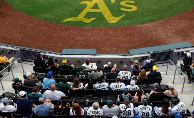 Fans gather to watch the Milwaukee Brewers face off against the Athletics during the first inning of a baseball game Monday, June 8, 2026, in Las Vegas. (AP Photo/Caroline Brehman)