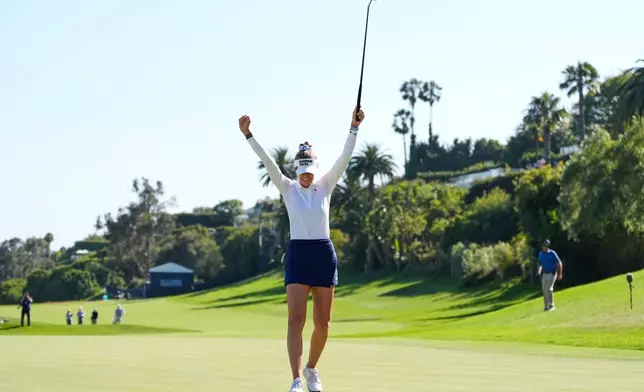 Nelly Korda reacts after winning the U.S. Women's Open golf tournament Sunday, June 7, 2026, in the Pacific Palisades area of Los Angeles. (AP Photo/Ashley Landis)