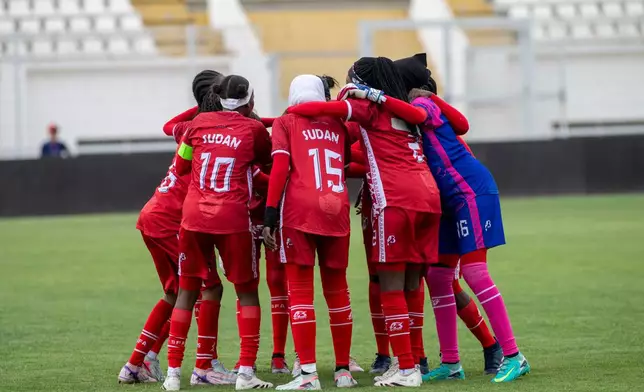 Sudan's U-17 women's national team warms up before a soccer match against Comoros, during qualifiers for the 2028 Los Angeles Summer Olympics, in Casablanca, Morocco, Monday, June 8, 2026. (AP Photo)