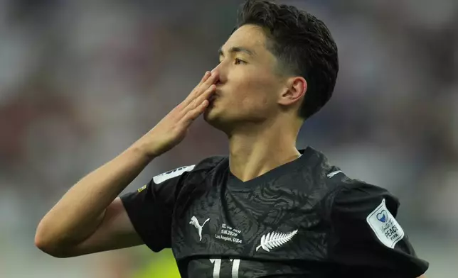 New Zealand's Elijah Just (11) celebrates after scoring a goal during the World Cup Group G soccer match between Iran and New Zealand in Inglewood, Calif., near Los Angeles, Monday, June 15, 2026. (AP Photo/Andre Penner)
