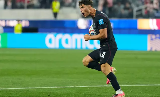 United States' Sebastian Berhalter celebrates scoring his side's second goal against Turkey during the World Cup Group D soccer match in Inglewood, Calif., near Los Angeles, Thursday, June 25, 2026. (AP Photo/Andre Penner)