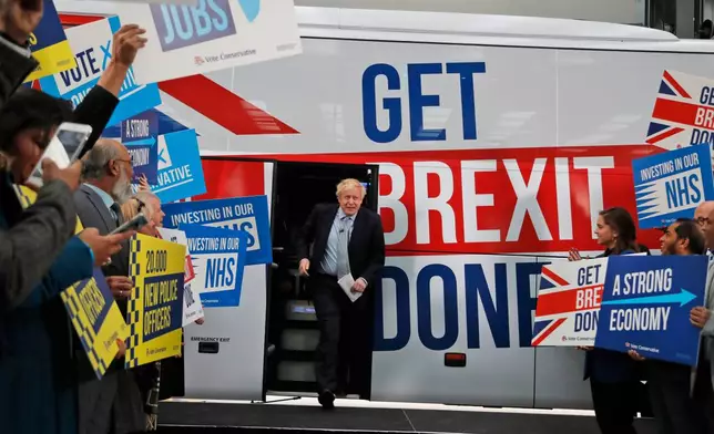 FILE - Britain's Prime Minister Boris Johnson addresses his supporters prior to boarding his General Election campaign trail bus in Manchester, England, Friday, Nov. 15, 2019. (AP Photo/Frank Augstein, Pool, File)
