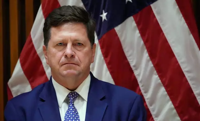 FILE - Jay Clayton, U.S. Attorney for the Southern District of New York, listens during a news conference in New York, March 9, 2026. (AP Photo/Seth Wenig, File)