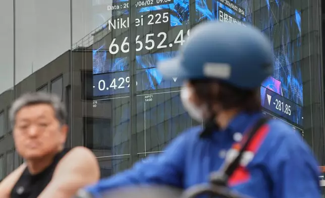 People stop in front of an electronic stock board showing Japan's Nikkei index at a securities firm Tuesday, June 2, 2026, in Tokyo. (AP Photo/Eugene Hoshiko)