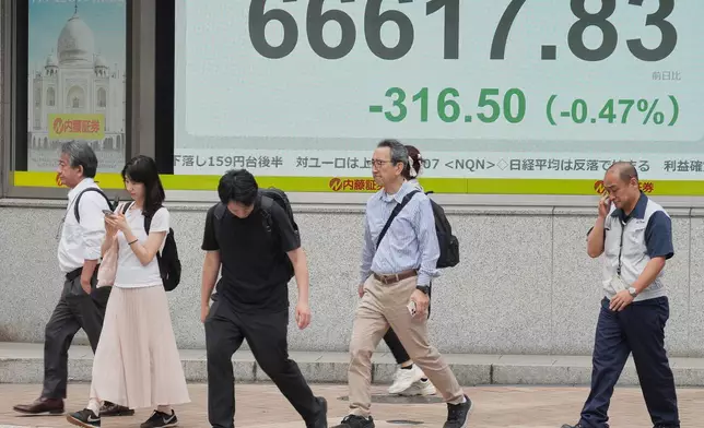 People walk in front of an electronic stock board showing Japan's Nikkei index at a securities firm Tuesday, June 2, 2026, in Tokyo. (AP Photo/Eugene Hoshiko)
