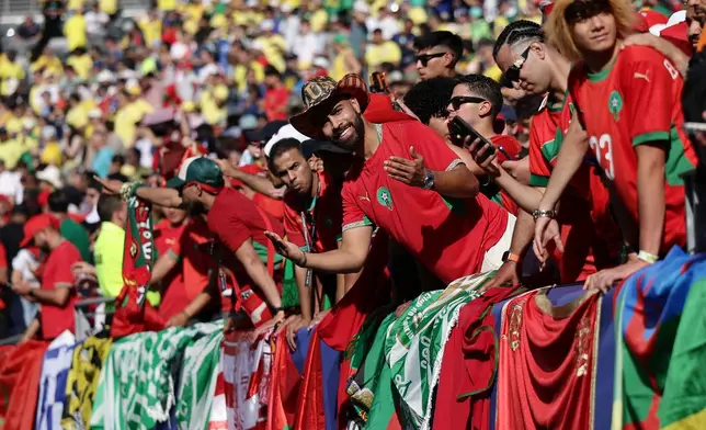A Morocco fan reacts before during the World Cup Group C soccer match between Brazil and Morocco in East Rutherford, N.J., near New York, Saturday, June 13, 2026. (AP Photo/Adam Hunger)