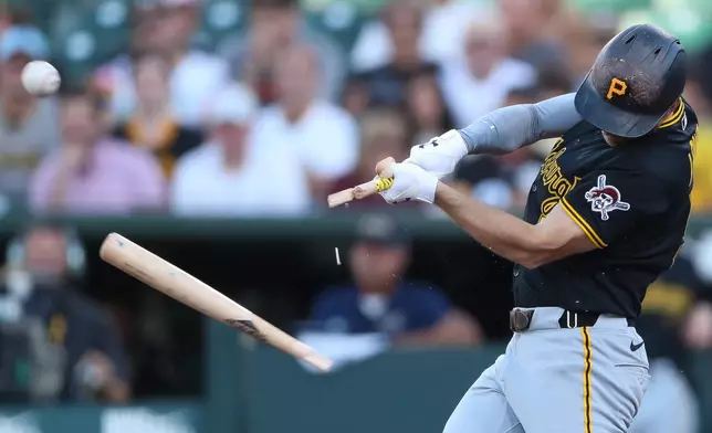 Pittsburgh Pirates' Brandon Lowe hits an RBI single during the second inning of a baseball game against the Athletics, Wednesday, June 17, 2026, in West Sacramento, Calif. (AP Photo/Scott Marshall)