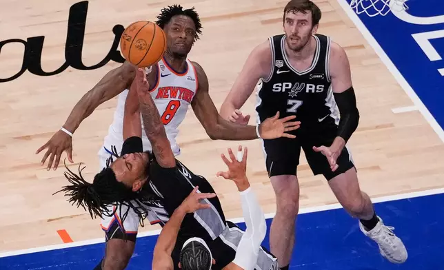 San Antonio Spurs guard Stephon Castle (5) tries to get a shot off during Game 3 of the NBA Finals basketball series against the New York Knicks, Monday, June 8, 2026, in New York. (AP Photo/Yuki Iwamura)