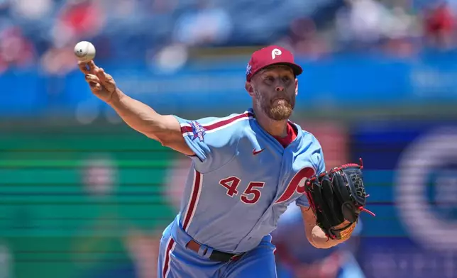 Philadelphia Phillies pitcher Zack Wheeler pitches during the first inning of a baseball against the San Diego Padres, Thursday, June 4, 2026, in Philadelphia. (AP Photo/Matt Rourke)