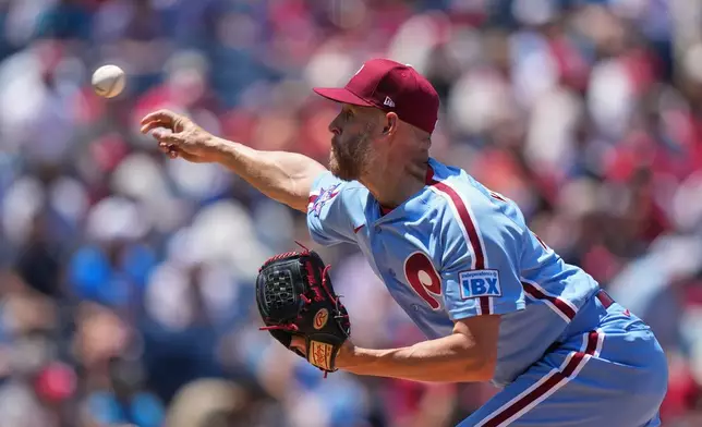 Philadelphia Phillies' Zack Wheeler pitches during the fourth inning of a baseball game against the San Diego Padres, Thursday, June 4, 2026, in Philadelphia. (AP Photo/Matt Rourke)