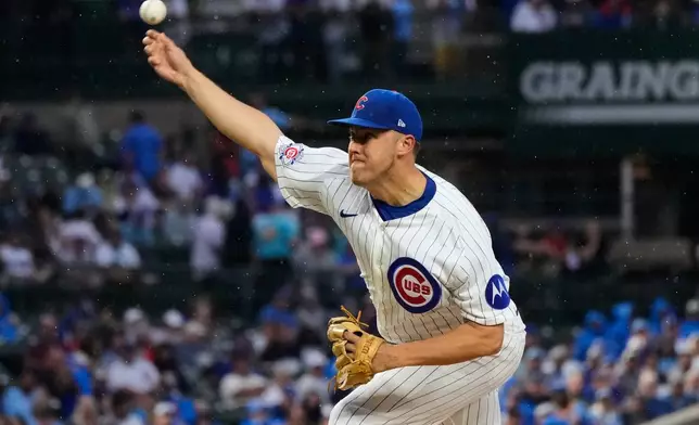 Chicago Cubs starting pitcher Jameson Taillon throws against the San Francisco Giants during the first inning of a baseball game in Chicago, Sunday, June 7, 2026. (AP Photo/Nam Y. Huh)