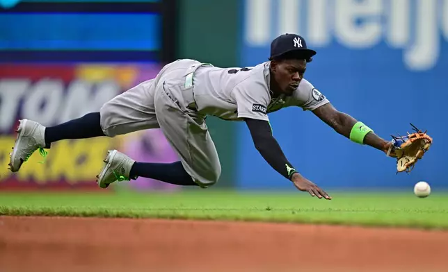 New York Yankees second baseman Jazz Chisholm Jr. dives in an attempt to field a ball hit by Cleveland Guardians' Jose Ramirez during the third inning of a baseball game Monday, June 8, 2026, in Cleveland. (AP Photo/David Dermer)