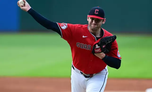 Cleveland Guardians starting pitcher Gavin Williams delivers during the first inning of a baseball game against the New York Yankees, Monday, June 8, 2026, in Cleveland. (AP Photo/David Dermer)