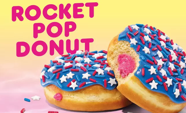 Dunkin’ Rocket Pop Classic Donut features a yeast shell filled with cherry, lime and raspberry-flavored buttercreme, topped with blue icing and a stars &amp; stripes sprinkle blend.