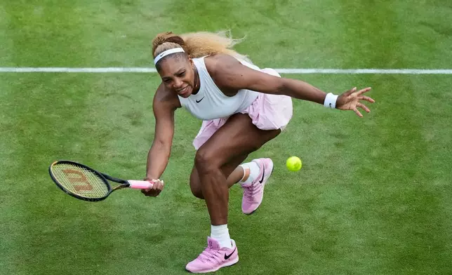 Serena Williams of the U.S. returns the ball as she and Czech Republic's Karolina Muchova play during their round of 16 doubles match against New Zealand's Erin Routliffe and Mexico's Giuliana Olmo during the WTA 500 Berlin Open tennis tournament at Steffi Graf Stadium, in Berlin, Germany, Tuesday, June 16, 2026. (AP Photo/Ebrahim Noroozi)