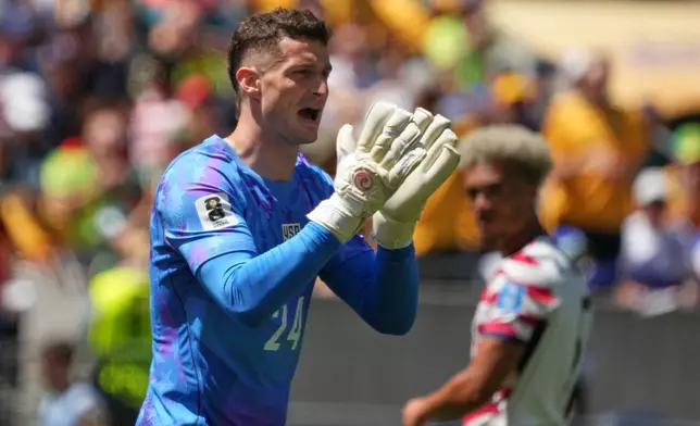 United States goalkeeper Matt Freese (24) reacts during the World Cup Group D soccer match between the United States and Australia in Seattle, Friday, June 19, 2026. (AP Photo/Ted S. Warren)