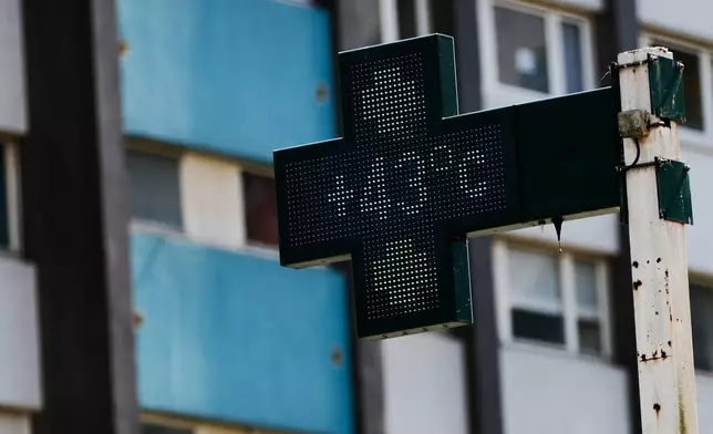 A drugstore sign shows the temperature 43 degrees Celsius (109,4 degrees Fahrenheit) in Rennes, western France, Monday, June 22, 2026. (AP Photo/Jeremias Gonzalez)