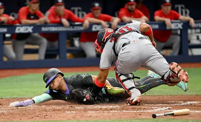 Washington Nationals catcher Keibert Ruiz (20) tags Tampa Bay Rays' Richie Palacios out at home on a fielder's choice during the third inning of a baseball game Saturday, June 20, 2026, in St. Petersburg, Fla. (AP Photo/Jason Behnken)