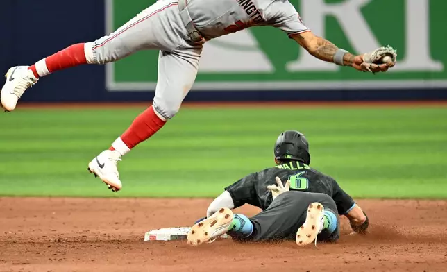 Tampa Bay Rays' Taylor Walls (6) steals second base before the take from Washington Nationals second baseman Nasim Nuñez during the ninth inning of a baseball game Saturday, June 20, 2026, in St. Petersburg, Fla. (AP Photo/Jason Behnken)