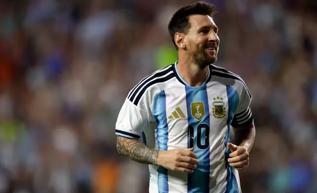 Argentina forward Lionel Messi reacts after a missed goal during the second half of an international friendly match against Iceland, Tuesday, June 9, 2026, in Auburn, Ala. (AP Photo/Butch Dill)