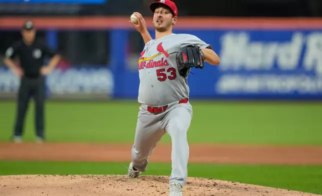St. Louis Cardinals pitcher Andre Pallante throws during the second inning of a baseball game against the New York Mets, Wednesday, June 10, 2026, in New York. (AP Photo/Yuki Iwamura)
