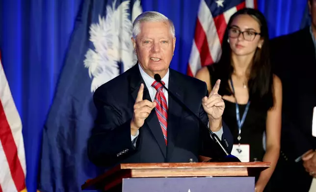 Republican U.S. Sen. Lindsey Graham speaks after winning the Republican primary on Tuesday, June 9, 2026, in Columbia, S.C. (AP Photo/Jeffrey Collins)
