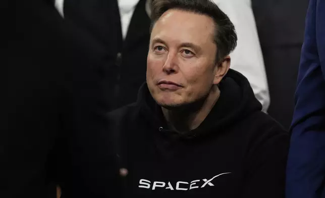 FILE - Elon Musk attends the finals for the NCAA wrestling championship, March 22, 2025, in Philadelphia. (AP Photo/Matt Rourke, File)