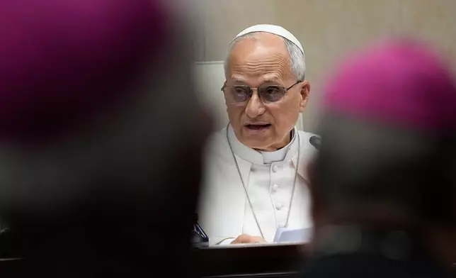 Pope Leo XIV meets with Spain's bishops at the Spanish Episcopal Conference, in Madrid, Monday, June 8, 2026. (AP Photo/Alessandra Tarantino)
