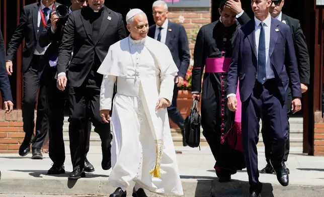 Pope Leo XIV leaves after meeting with Spain's bishops at the Spanish Episcopal Conference in Madrid, Spain, Monday, June 8, 2026. (AP Photo/Andrea Comas)