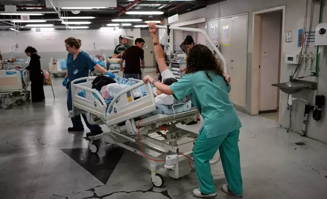 Medical staff transfer patients to a protected underground facility following an Iranian missile attack, at Ichilov Hospital in Tel Aviv, Israel, Monday, June 8, 2026. (AP Photo/Ohad Zwigenberg)