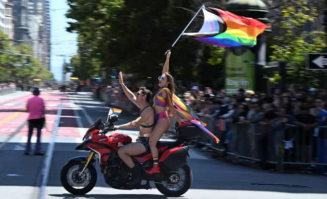 Revelers attend the annual Pride Parade in San Francisco, Monday, June 28, 2026. (AP Photo/Nic Coury)