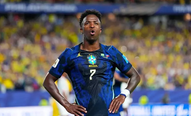 Brazil's Vinicius Junior (7) celebrates after scoring his side's third goal during the World Cup Group C soccer match between Brazil and Haiti in Philadelphia, Friday, June 19, 2026. (AP Photo/Petr David Josek)
