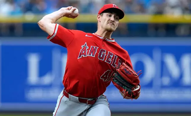 Los Angeles Angels pitcher Jack Kochanowicz delivers to the Tampa Bay Rays during the first inning of a baseball game Sunday, May 31, 2026, in St. Petersburg, Fla. (AP Photo/Chris O'Meara)