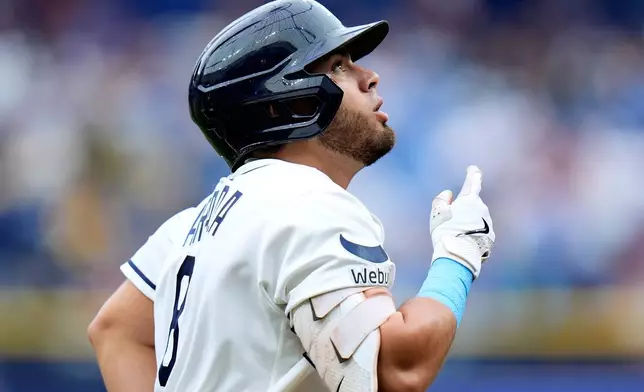 Tampa Bay Rays' Jonathan Aranda celebrates after his home run off Los Angeles Angels pitcher Jack Kochanowicz during the first inning of a baseball game Sunday, May 31, 2026, in St. Petersburg, Fla. (AP Photo/Chris O'Meara)