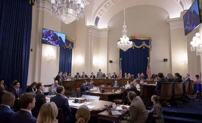 Homeland Security Secretary Markwayne Mullin, lower left, testifies before the House Committee on Homeland Security during a hearing on the Fiscal 2027 budget request for the Department of Homeland Security, in Washington, Wednesday, June 3, 2026. (AP Photo/Cliff Owen)