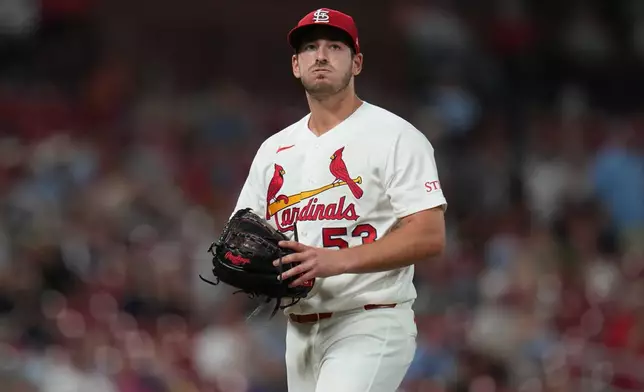 St. Louis Cardinals starting pitcher Andre Pallante heads off the field after being removed during the sixth inning of a baseball game against Texas Rangers Wednesday, June 3, 2026, in St. Louis. (AP Photo/Jeff Roberson)