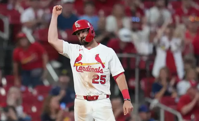 St. Louis Cardinals' Thomas Saggese celebrates after hitting an RBI triple during the fifth inning of a baseball game against Texas Rangers Wednesday, June 3, 2026, in St. Louis. (AP Photo/Jeff Roberson)