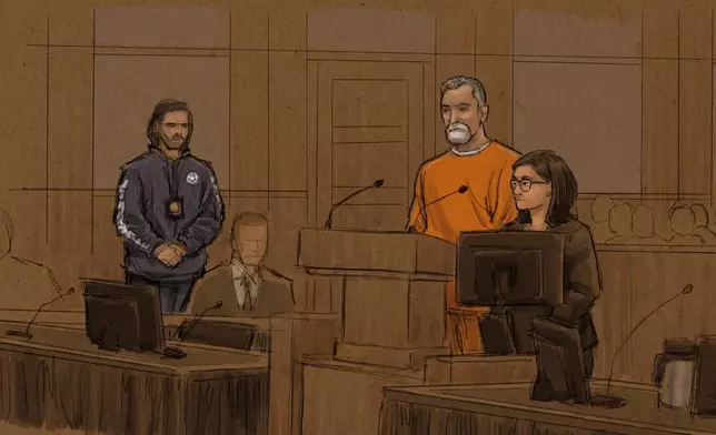FILE - This courtroom sketch shows Vance Boelter, who is charged with killing the top Democrat in the Minnesota House and her husband and wounding a state senator and his wife, appears at federal court in Minneapolis on Aug. 7, 2025. (Cedric Hohnstadt via AP, File)