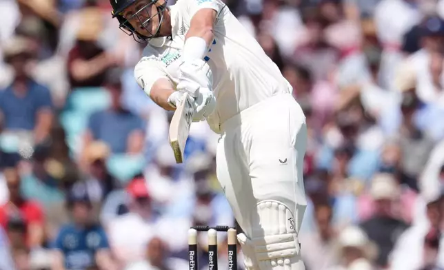 New Zealand's Kyle Jamieson bats on day two of the second cricket test between England and New Zealand, in London, Thursday, June 18, 2026. (Ben Whitley/PA via AP)