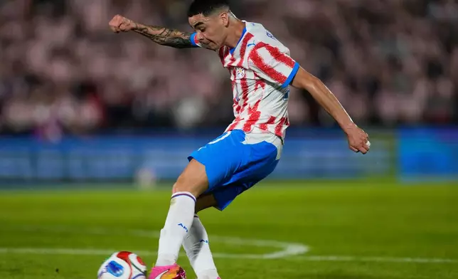 Paraguay's Miguel Almiron scores his side's second goal against Nicaragua during an international friendly soccer match in Asuncion, Paraguay, Friday, June 5, 2026. (AP Photo/Jorge Saenz)