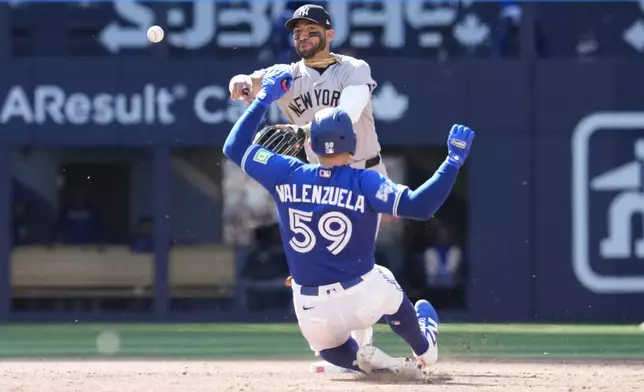 New York Yankees shortstop José Caballero (72) turns a double play to end the sixth inning as Toronto Blue Jays' Brandon Valenzuela (59) slides into second during a baseball game in Toronto, Saturday, June 13, 2026. (Frank Gunn/The Canadian Press via AP)