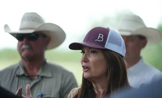 U.S. Agriculture Secretary Brooke Rollins talks about a sterile fly dispersal station placed by the U.S. Department of Agriculture to combat the spread of the New World screwworm fly on grounds of a ranch near La Pryor, Texas, Thursday, June 11, 2026. (AP Photo/Eric Gay)