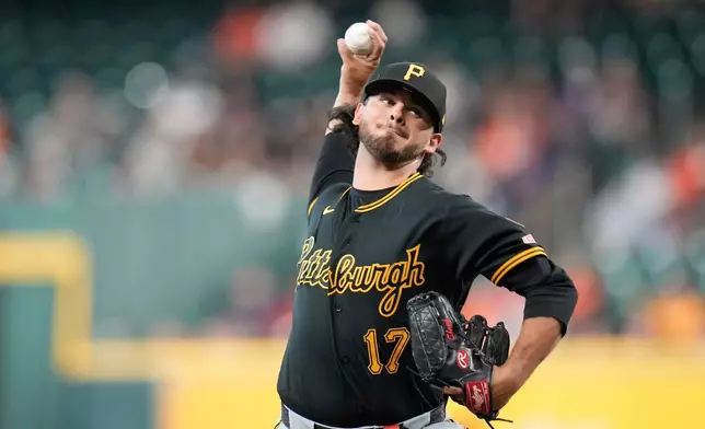 Pittsburgh Pirates starting pitcher Jared Jones delivers to Houston Astros' Jeremy Peña during the first inning of a baseball game, Thursday, June 4, 2026, in Houston. (AP Photo/Karen Warren)