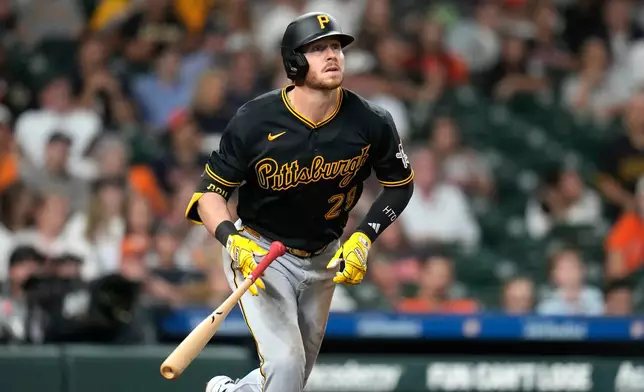 Pittsburgh Pirates' Ryan O'Hearn watches his two-run home run against Houston Astros starting pitcher Kai-Wei Teng during the sixth inning of a baseball game, Thursday, June 4, 2026, in Houston. (AP Photo/Karen Warren)