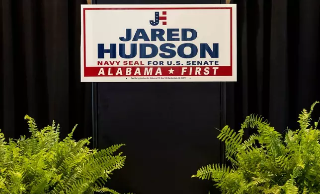 Signage is displayed at Republican candidate for U.S. Senate Jared Hudson's runoff election night watch party, Tuesday, June 16, 2026, in Hoover, Ala. (AP Photo/Vasha Hunt)