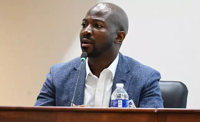 Dakarai Larriett, a Democratic candidate for the U.S. Senate, participates in a candidates forum, April 7, 2026, at Spanish Fort City Hall in Spanish Fort, Ala. (John Sharp/AL.com via AP)