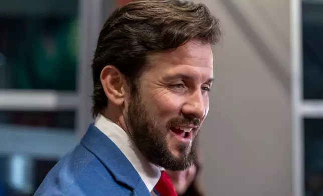 Republican candidate for U.S. Senate Jared Hudson visits with the media at his runoff election night watch party, Tuesday, June 16, 2026, in Hoover, Ala. (AP Photo/Vasha Hunt)