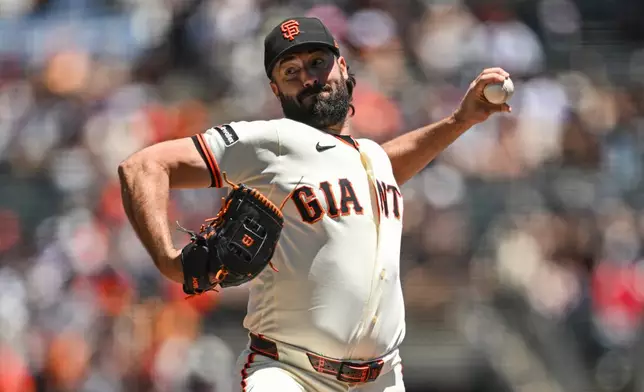 San Francisco Giants pitcher Robbie Ray throws to a Atlanta Braves batter during the first inning of a baseball game, Sunday, June 28, 2026, in San Francisco (AP Photo/Justine Willard)