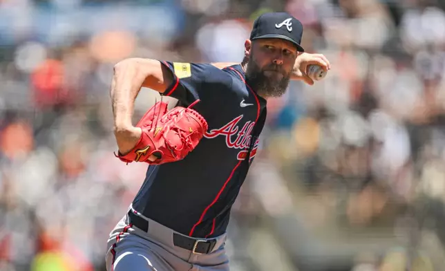 Atlanta Braves pitcher Chris Sale throws to a San Francisco Giants batter during the first inning of a baseball game, Sunday, June 28, 2026, in San Francisco (AP Photo/Justine Willard)