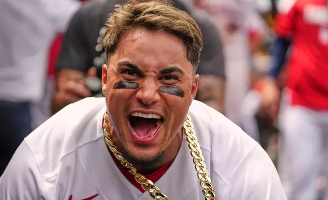 St. Louis Cardinals' Bryan Torres celebrates after hitting a two-run home run during the fifth inning of a baseball game against Cincinnati Reds Sunday, June 7, 2026, in St. Louis. (AP Photo/Jeff Roberson)